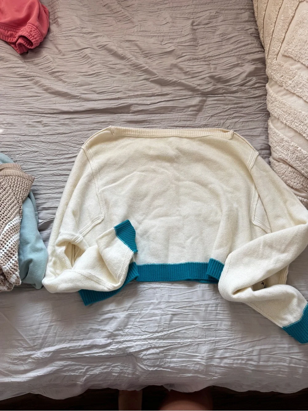 We The Free Cream Cropped Crew Sweater with Teal Trim